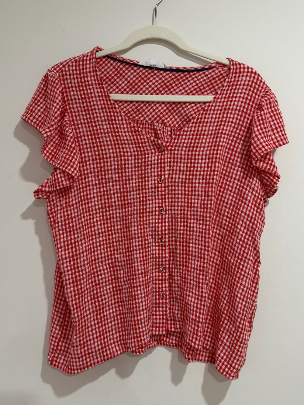 Red Gingham Button-Front Flutter Sleeve Women’s Top